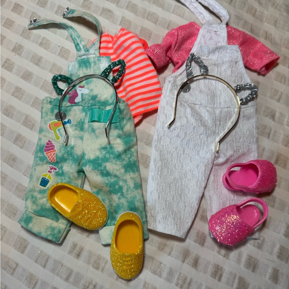 American Girl Doll Outfit Set with Pink, Green, and Yellow Accessories